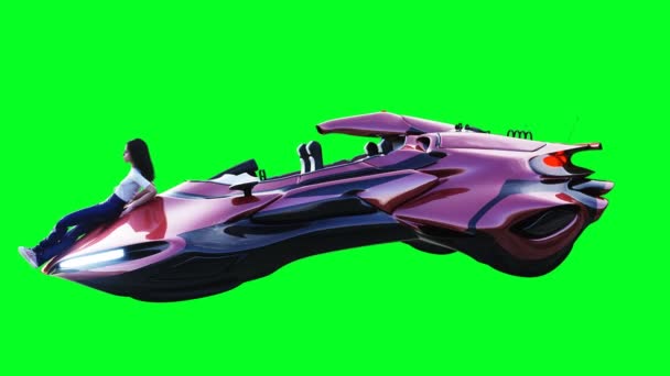 Młoda dziewczyna w latającym futurystycznym samochodzie sci fi. Realistyczna animacja zielonego ekranu 4k. Izolacja. — Wideo stockowe
