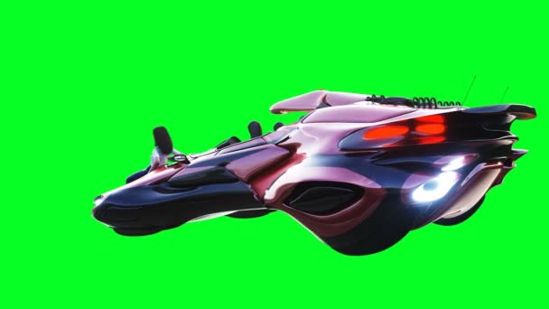 Mladá dívka v létajícím futuristickém sci-fi autě. Realistická 4k zelená animace obrazovky. Izolovat. — Stock video