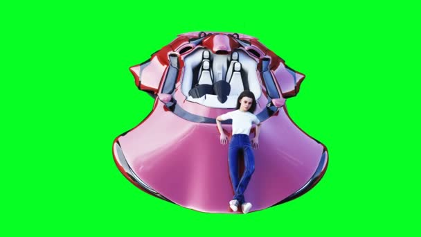 Young girl in flying futuristic sci fi car. Realistic 4k green screen animation. Isolate. — Stock Video