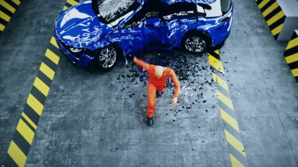 Crash test dummy lucu, manekin menari. Kecelakaan mobil. Animasi 4k realistis. — Stok Video