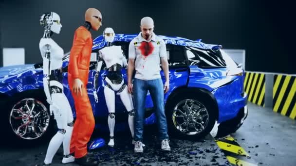 Roboter Crashtest Dummy und Mensch. Zukunftskonzept. Realistische 4k-Animation. — Stockvideo