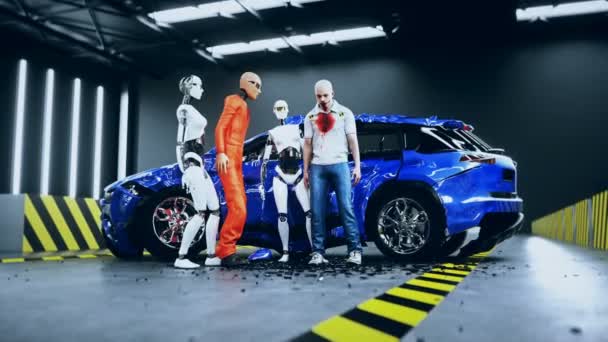 Robot crash test dummy and man. Future concept. Realistic 4k animation. — Stock Video