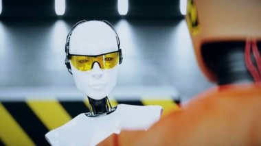 Robot çarpışma testi kuklası ve dişi robot. Gelecek konsepti. Gerçekçi 4k animasyonu.