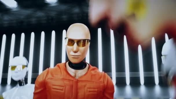 Roboter Crashtest Dummy und Mensch. Zukunftskonzept. Realistische 4k-Animation. — Stockvideo