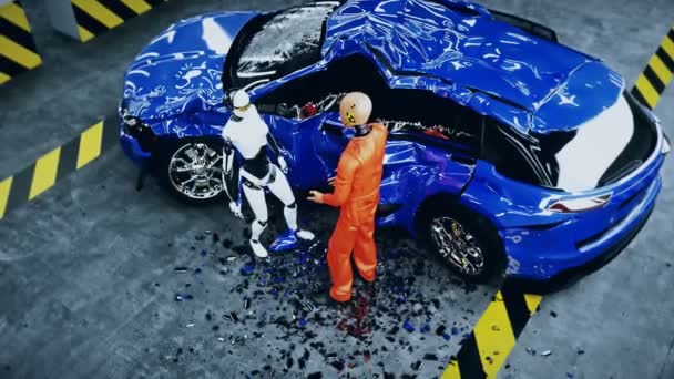 Robot crash test mannequin et robot femelle. Concept futur. Animation réaliste 4k. — Video