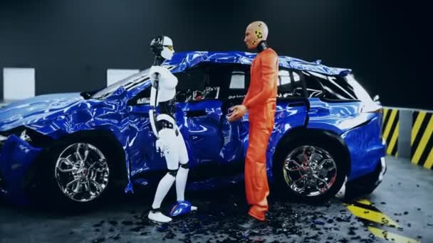 Robot crash test dummy and female robot. Future concept. Realistic 4k animation. — Stock Video