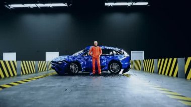 Robot kaza testi kuklası araba kazası testinin yanında konuşuyor. Gelecek konsepti. Gerçekçi 4k animasyonu.