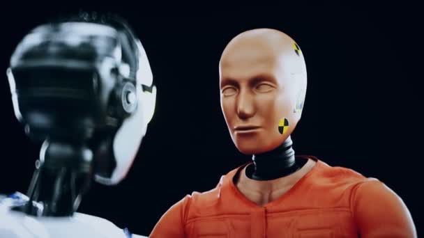 Robot uji kecelakaan boneka dan robot perempuan. Konsep masa depan. Animasi 4k realistis. — Stok Video