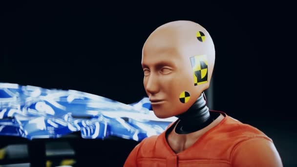 Robot crash test dummy en vrouwelijke robot. Toekomstconcept. Realistische 4k animatie. — Stockvideo
