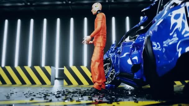 Robot crash test dummy spreekt in de buurt van auto-ongeluk test. Toekomstconcept. Realistische 4k animatie. — Stockvideo