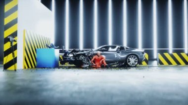 Robot kaza testi mankeni tahrip edilmiş araba kazası testinin yanında oturuyor. Gelecek konsepti. Gerçekçi 4k animasyonu.