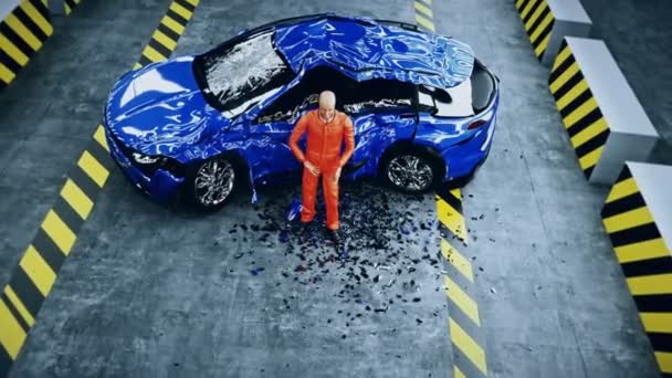 Manichino robot crash test parla vicino crash test auto. Concetto futuro. Animazione realistica 4k. — Video Stock