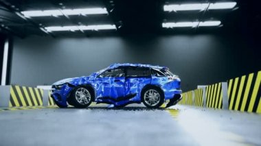 Yıkılmış araba, çarpışma testi. Gerçekçi 4k animasyonu.