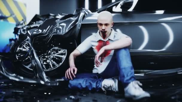 Un mannequin de crash test humain assis près d'un crash test de voiture détruit. Concept futur. Animation réaliste 4k. — Video