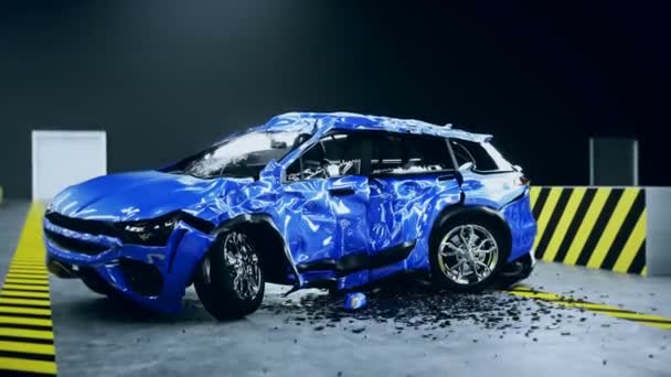 Förstörd bil, krocktest. Realistisk 4k-animation. — Stockvideo