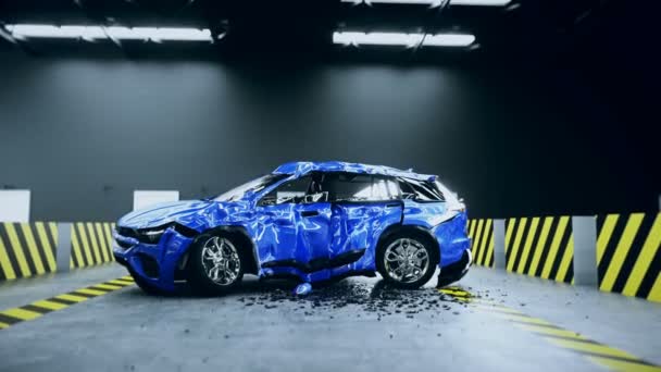 Coche destruido, prueba de choque. Animación realista 4k. — Vídeos de Stock