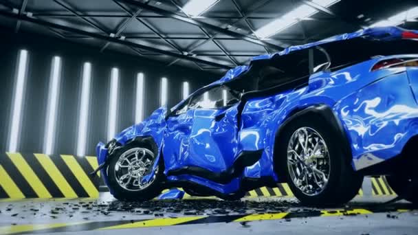 Förstörd bil, krocktest. Realistisk 4k-animation. — Stockvideo