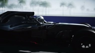 Yarış arabası ve yarışçı. Çok hızlı sürüyorsun. Başarı kavramı. Gerçekçi 4K animasyonu.