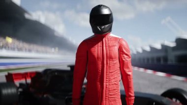 Yarışçı stadyumda duruyor. Gerçekçi 4k animasyonu.