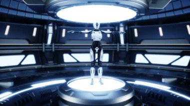 Bilim kurgu meta odasında kadın robot var. Gelecek konsepti. Gerçekçi 4k animasyonu.