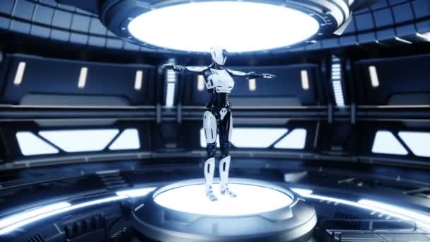 Robot donna nella stanza fantascientifica futuristica di Metall. Concetto futuro. Animazione realistica 4k. — Video Stock