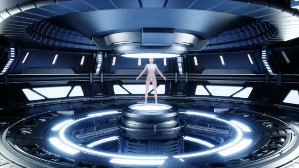 Kvinnlig robotdroid i sci fi futuristiska metall rum. Framtida koncept. Realistisk 4k-animation. — Stockvideo