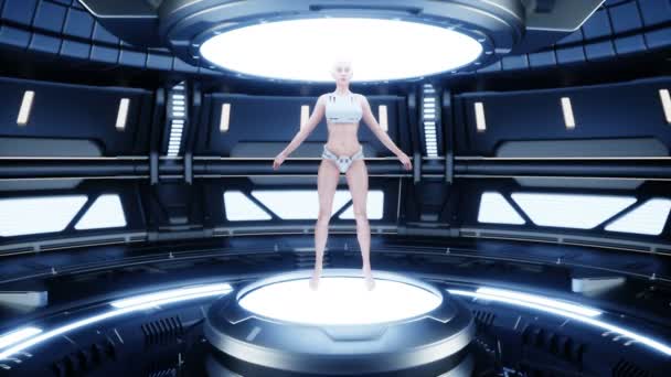 Vrouwelijke robot droid in sci fi futuristische metall ruimte. Toekomstconcept. Realistische 4k animatie. — Stockvideo