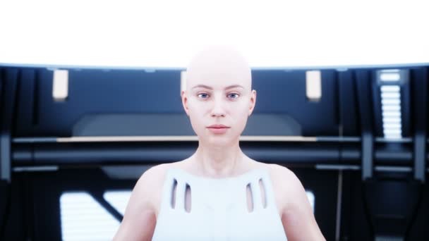 Női robotdroid a sci-fi futurisztikus fémszobában. Jövőbeli koncepció. Realisztikus 4k animáció. — Stock videók