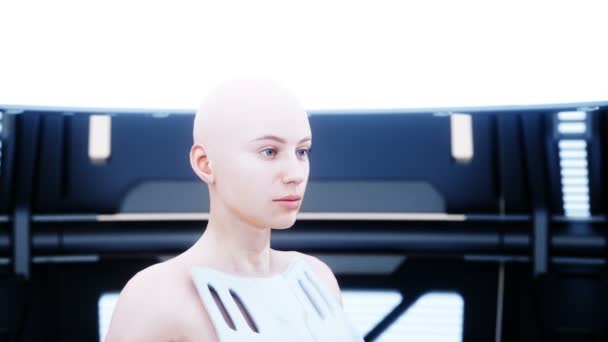 Kobieta robotyczny droid w sci fi futurystyczny metall room. Koncepcja przyszłości. Realistyczna animacja 4k. — Wideo stockowe
