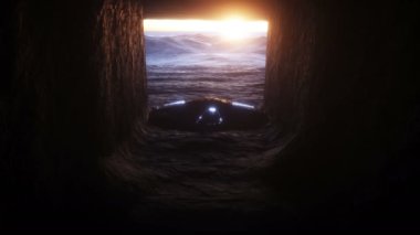 Rock mağarasında uçan gelecekçi bilim kurgu gemisi. Gelecek konsepti. Gerçekçi 4k animasyonu.