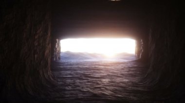 Rock mağarasında uçan gelecekçi bilim kurgu gemisi. Gelecek konsepti. Gerçekçi 4k animasyonu.