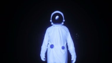 Uzay kayası mağarasında yalnız bir astronot. Uzay görüşü. Gerçekçi 4k animasyonu.