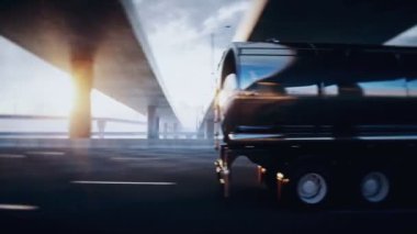 Otoyolda 3 boyutlu jenerik petrol kamyonu. Çok hızlı sürüyorsun. Teslimat konsepti. Gerçekçi 4k animasyonu.