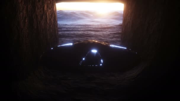 Vieja nave de ciencia ficción futurista volando en la cueva de roca. Concepto futuro. Animación realista 4k. — Vídeo de stock