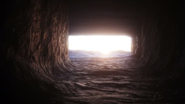 Kapal fiksi ilmiah tua Futuristik terbang di gua batu. Konsep masa depan. Animasi 4k realistis. — Stok Video