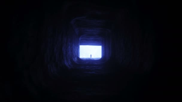 Один астронавт у печері космічних скель. Вид на космос. Реалістична анімація 4k . — стокове відео
