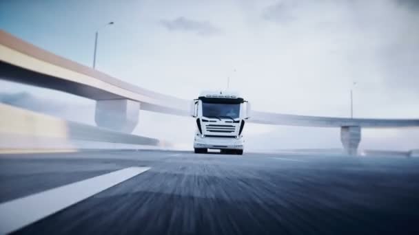 Otoyolda 3 boyutlu jenerik petrol kamyonu. Çok hızlı sürüyorsun. Teslimat konsepti. Gerçekçi 4k animasyonu. — Stok video