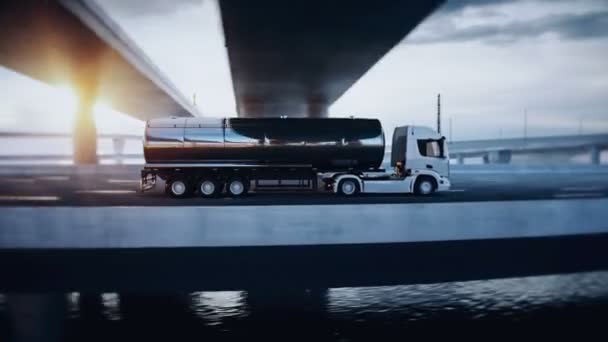 3d camion petrolifero generico in autostrada. Guida molto veloce. Concetto di consegna. Animazione realistica 4k. — Video Stock