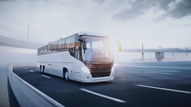 Modelo 3d autobús turístico de pasajeros en la carretera. Conduce muy rápido. Concepto turístico. Animación realista 4k. — Vídeos de Stock