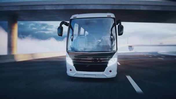3D-Modell touristischer Reisebus auf der Autobahn. Sehr schnelles Fahren. Tourismuskonzept. Realistische 4k-Animation. — Stockvideo