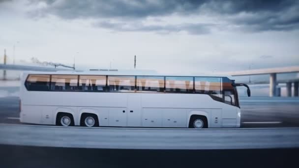 3d modelo turístico ônibus de passageiros na rodovia. Uma condução muito rápida. Conceito de turismo. Animação 4k realista. — Vídeo de Stock