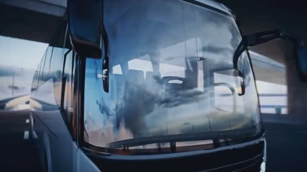 3d modelo turístico ônibus de passageiros na rodovia. Uma condução muito rápida. Conceito de turismo. Animação 4k realista. — Vídeo de Stock