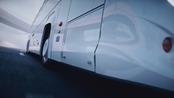 3D модель туристического пассажирского автобуса на шоссе. Очень быстрое вождение. Концепция туризма. Реалистичная анимация 4k. — стоковое видео