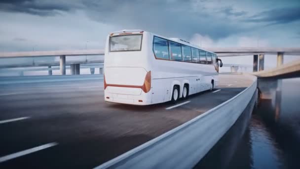 Model 3d touristic penumpang bus di jalan raya. Sangat cepat mengemudi. Konsep pariwisata. Animasi 4k realistis. — Stok Video