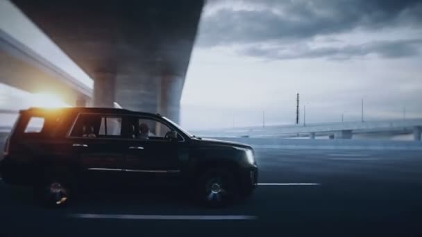 3D μοντέλο πολυτελές μαύρο αυτοκίνητο στην εθνική οδό. Πολύ γρήγορη οδήγηση. Ρεαλιστικό animation 4k. — Αρχείο Βίντεο