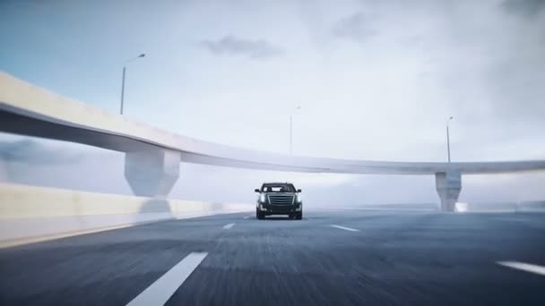 3D-modell lyx svart bil på motorvägen. Mycket snabb körning. Realistisk 4k-animation. — Stockvideo