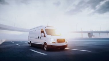 Otoyolda 3 boyutlu beyaz minibüs. Çok hızlı sürüyorsun. Teslimat konsepti. Gerçekçi 4k animasyonu.