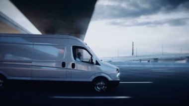 Otoyolda 3 boyutlu beyaz minibüs. Çok hızlı sürüyorsun. Teslimat konsepti. Gerçekçi 4k animasyonu.