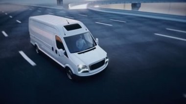 Otoyolda 3 boyutlu beyaz minibüs. Çok hızlı sürüyorsun. Teslimat konsepti. Gerçekçi 4k animasyonu.
