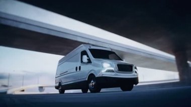 Otoyolda 3 boyutlu beyaz minibüs. Çok hızlı sürüyorsun. Teslimat konsepti. Gerçekçi 4k animasyonu.